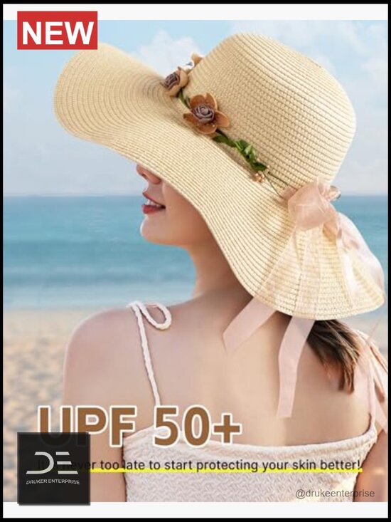 Wide Brim Sun Straw Hat UPF 50+ UV Protection Beach Hat